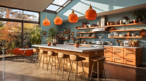 Retro Style Kitchen With Orange Light Fixtures