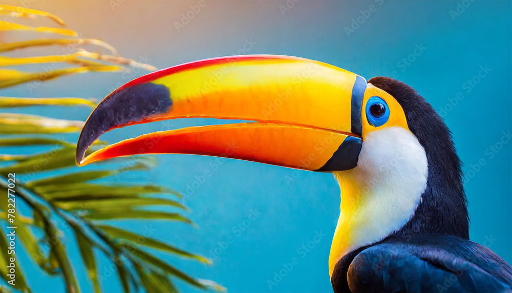 Naklejka premium Toucan beak bold and colorful close up on a blue sky background.