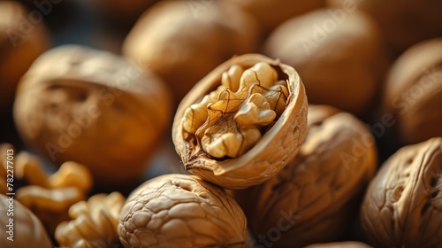 Close-up of cracked walnuts with focus on kernels