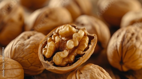 Close-up of walnuts on a wooden background