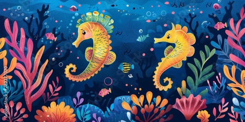 Two seahorses swim in the deep blue sea