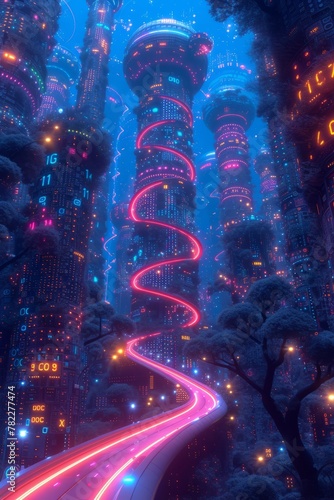 futuristic city street with neon lights and glowing trees © Adobe Contributor