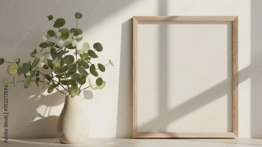 Mockup of an empty poster frame in a white wall living room with a wooden sideboard with small green plants Mockup of an empty poster frame in a white wall living room with a wooden sideboard with small green plants