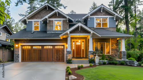 The house's garage and main entrance doors. Front wooden door with landing and gabled porch. Craftsman-style home cottage exterior featuring stone cladding and columns photo