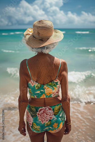 Elderly woman with elegant wide straw hat looking at the sea from the shore, Caribian landscape background photo