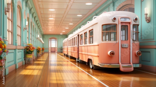 A pink and green retro train station with a long pink train