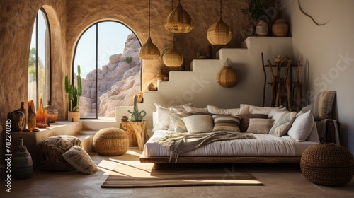 Modern bohemian bedroom interior with natural materials and textures