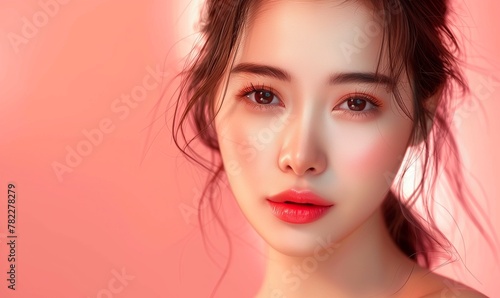 Portrait of a young beautiful Asian woman with perfectly healthy clean skin on a pink background. Horizontal beauty banner skin care concept with space for text.