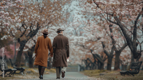 Elderly Couple Walking Together Under Cherry Blossoms