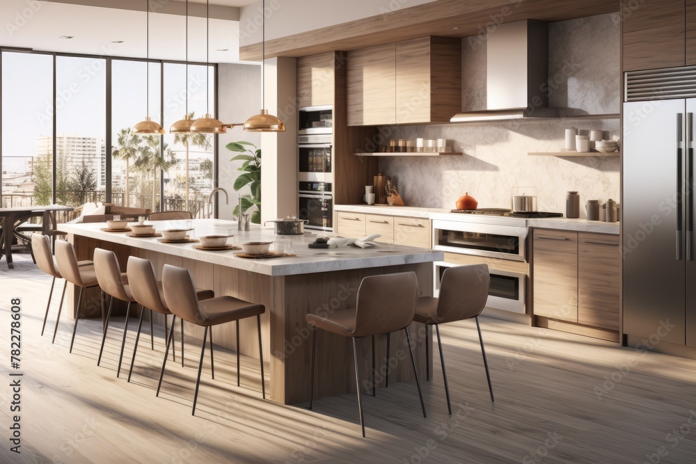 Modern kitchen with large island and wood cabinets