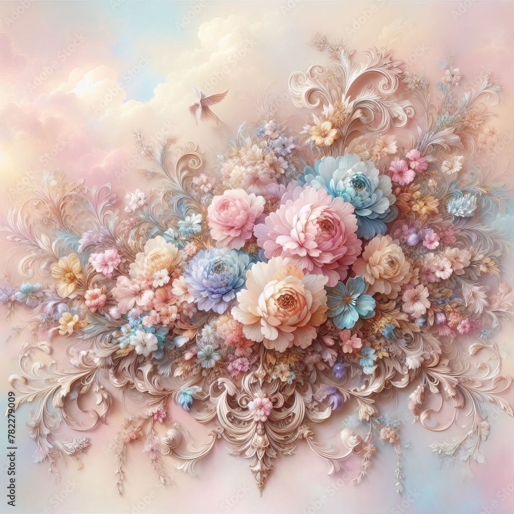 Whispers of Elegance: Pastel Florals and Baroque Whimsy