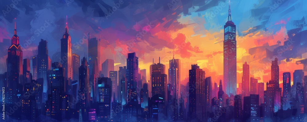 Futuristic city skyline at sunset
