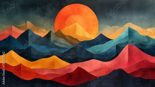 Abstract colorful mountains with stylized sun photo