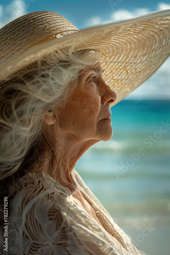 Elderly woman with elegant wide straw hat looking at the sea from the shore, Caribian landscape background photo