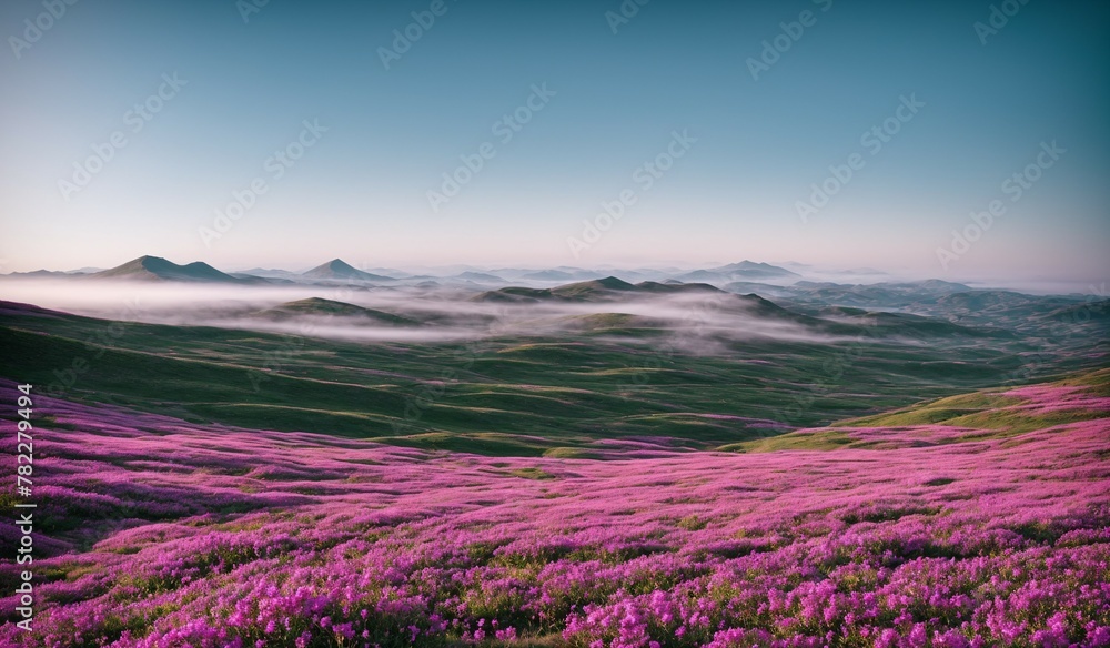 Obraz premium A misty morning in the mountains with a pink blooming flower field, with copy space, for banner, wallpaper, poster, flyer, advertising, interior
