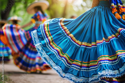 primer plano de falda colorida tradicional azul y amarilla en una fiesta mexicana con bailarinas con fondo desenfocado . Concepto celebraciones méxico, 5 de mayo, independencia, carnaval
