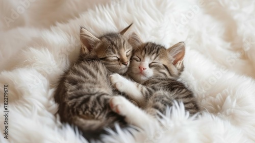 Couple kittens in love kiss sleep together hug on white fluffy bed plaid. 2 two cats hugging with paws in sleep relax © YuDwi Studio