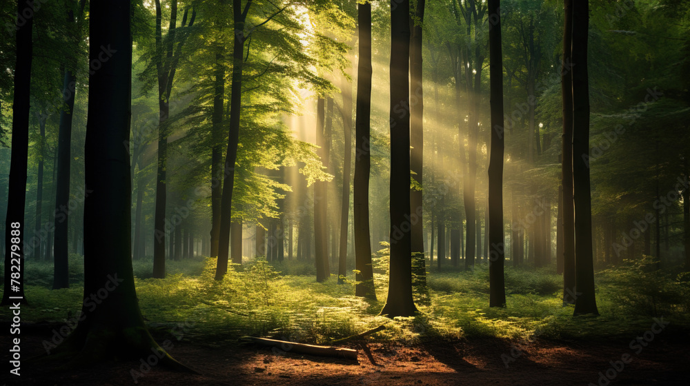 sun rays in the forest.
