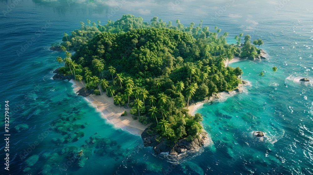 A lush tropical island paradise with white sand beaches and crystal clear waters A lush tropical island paradise with white sand beaches and crystal clear waters