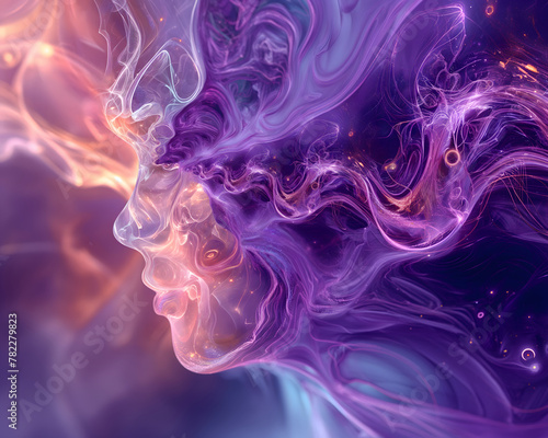 Abstract essence of meditation in swirling purples and pinks evokes calm energy; a dance of hues symbolizing tranquility and the vibrant flow of thoughts. 