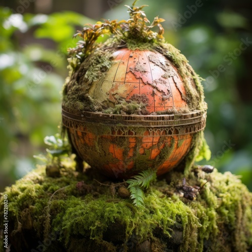 A mossy globe sits on a bed of moss in a forest