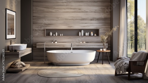 Bathroom interior with natural materials and large windows