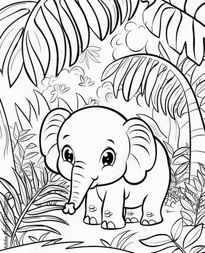 dibujo para colorear en cuento para niños de un elefante en la selva, contrazos gruesos negros y fondo blanco. photo