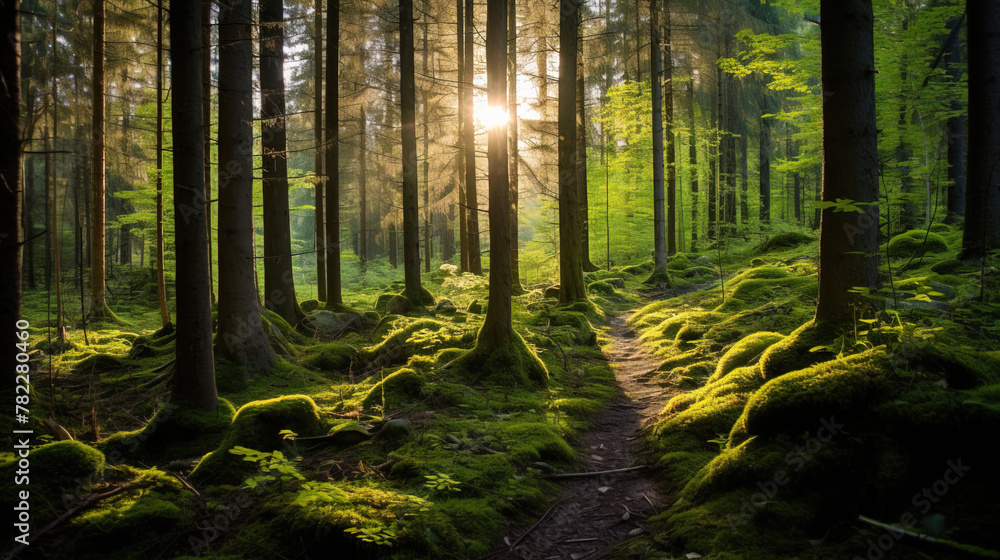 Obraz premium sun rays in the forest.