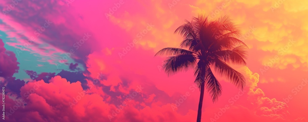Silhouette of palm tree against vibrant sunset sky