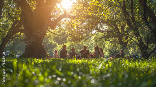 Family, friends, enjoying a picnic on a sunny summer day. 