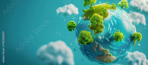 3D cartoon planet Earth with trees and rivers on the surface, sky background