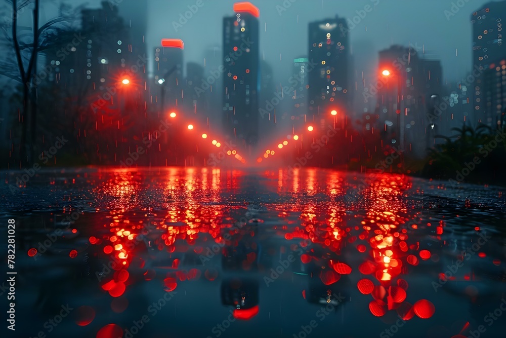 City's Crimson Reflections on a Rainy Night. Concept Cityscape, Rainy night, Reflections, Crimson hues, Photography