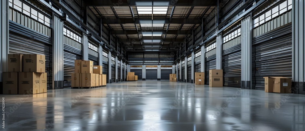 Spacious Storage Facility with Boxes and Shiny Floors. Concept Storage Units, Organized Boxes, Industrial Design, Shiny Floors, Spacious Layout