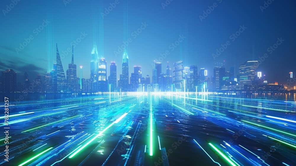 Blue and green glowing city illustration