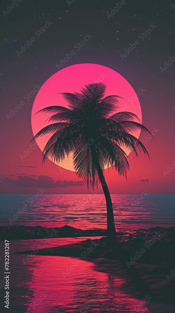 Palm tree silhouette against a neon pink sunset on a beach