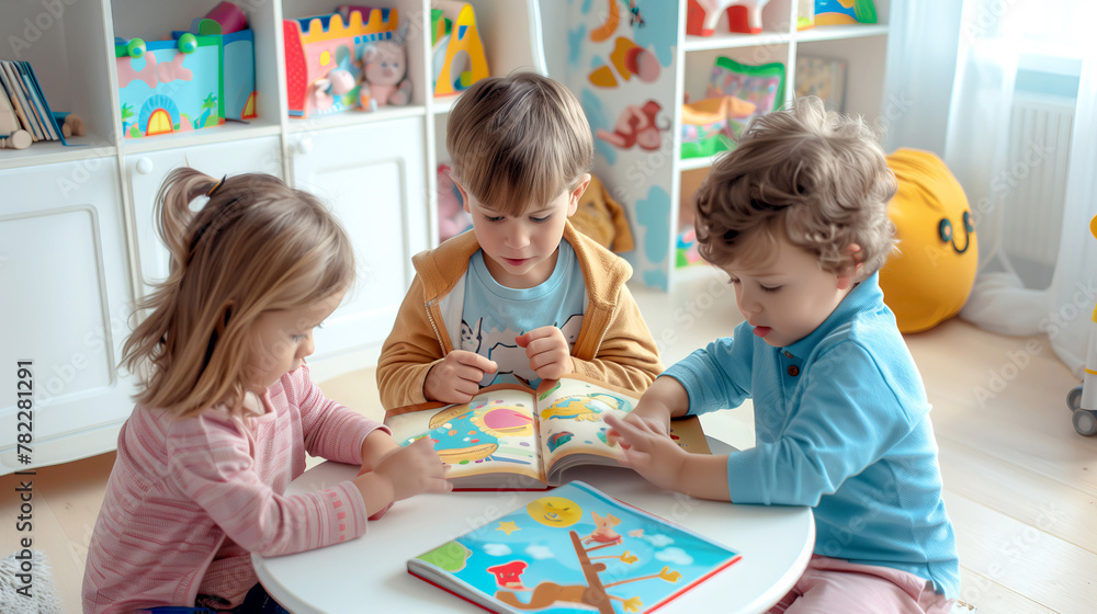 Naklejka premium Preschooler kids sitting together on the table Reading and Learning from Colorful Picture Books in the kindergarten