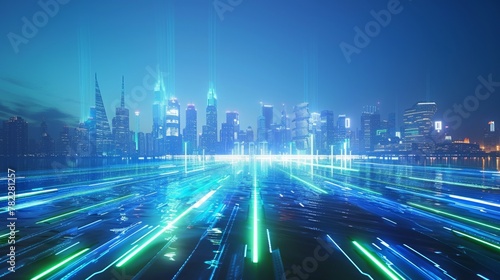Blue and green glowing city illustration