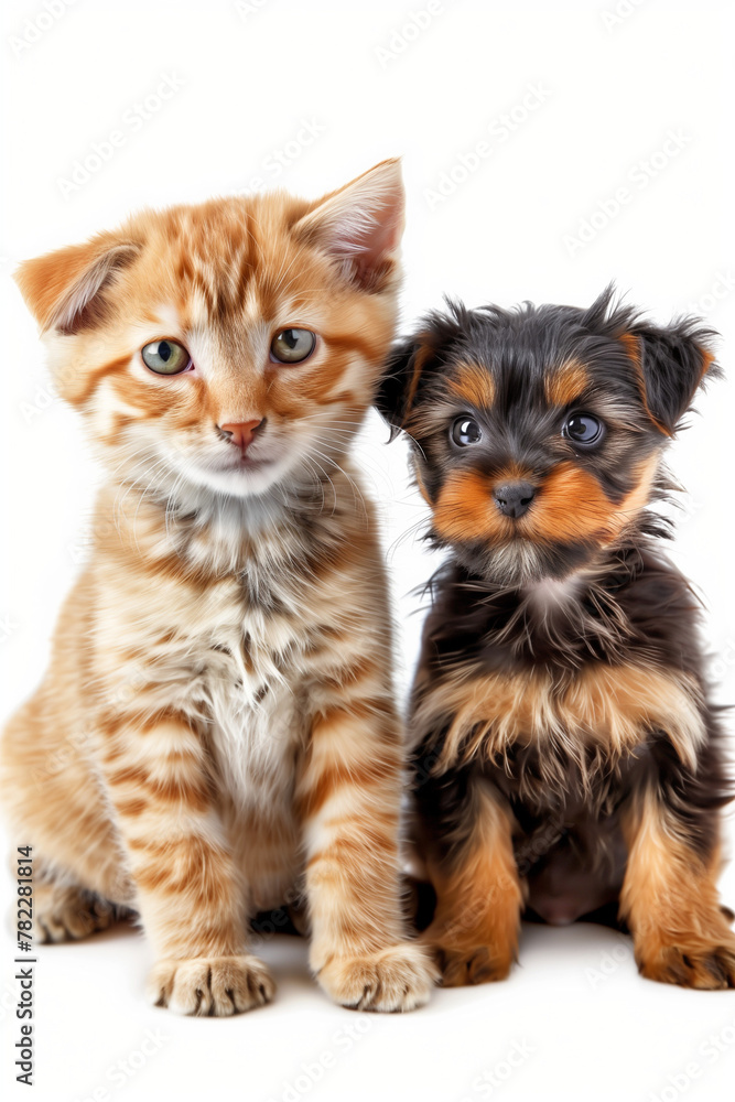 two kittens dog and cat  isolated on white