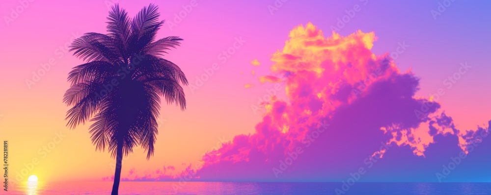 Colorful sunset over tropical ocean with palm silhouette