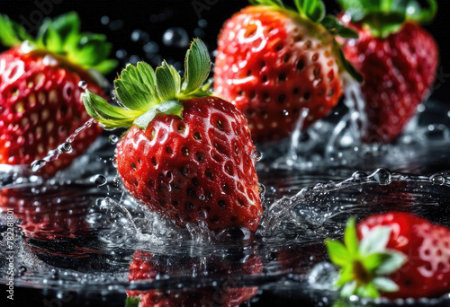 Fresh strawberries splashing in water on black background