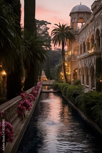 A beautiful reflecting pool in a lush garden with a mansion in the background