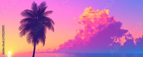 Colorful sunset over tropical ocean with palm silhouette