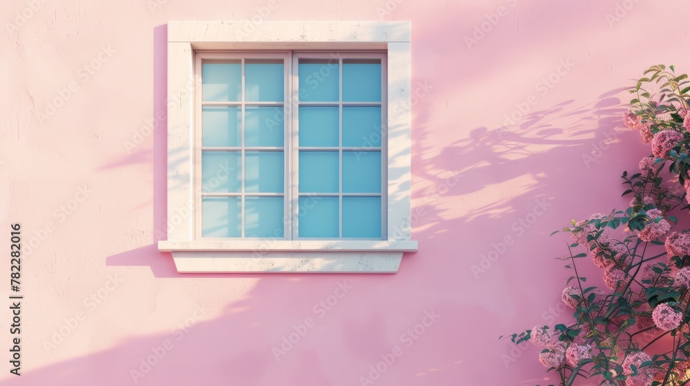 White window on a pink wall with flowering shrubs