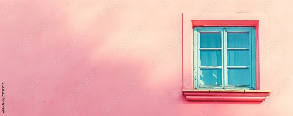 Vibrant blue window on a pink wall