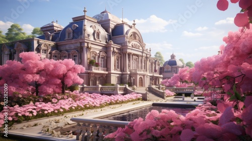 A beautiful mansion with a pink flower garden photo