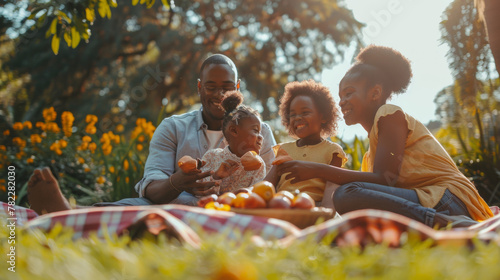 Family is gathered around a checkered picnic blanket, spread out on the soft grass beneath them. Their smiles radiant and their expressions filled with happiness.