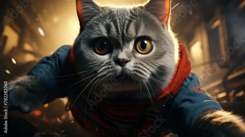 A gray cat wearing a blue and red superhero costume is flying through a destroyed city