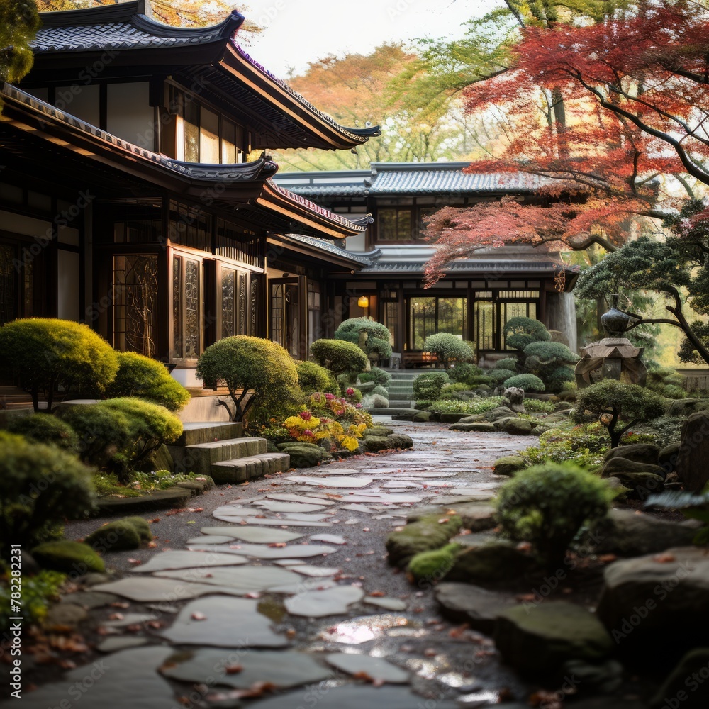 Japanese garden with traditional house and beautiful landscaping