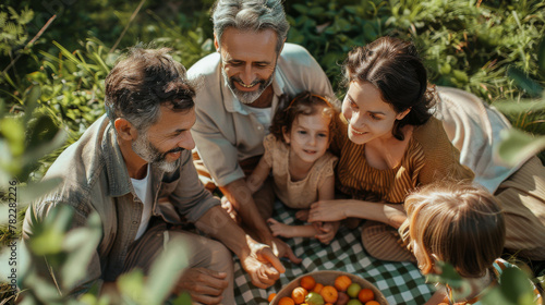 Family is gathered around a checkered picnic blanket, spread out on the soft grass beneath them. Their smiles radiant and their expressions filled with happiness. © steve