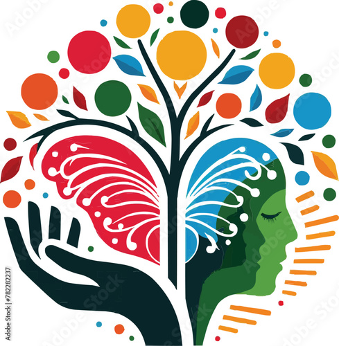 The visionary head hand tree butterfly logo symbolizes the mind and development of customized vector design